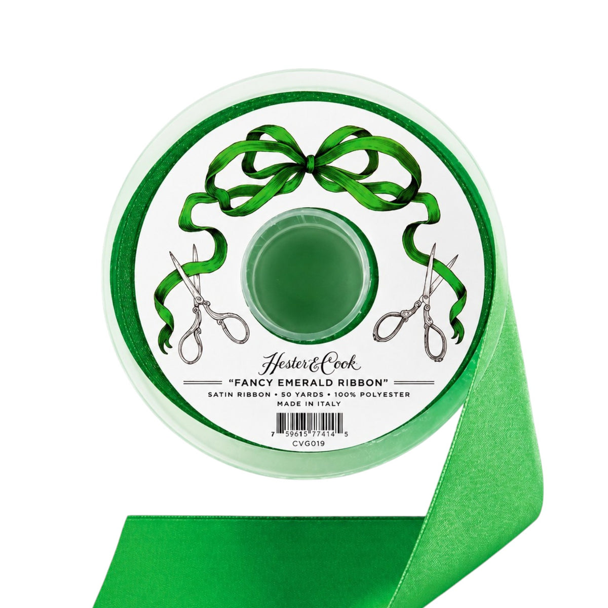 A spool of green satin ribbon labeled “Fancy Ribbon” by Hester & Cook, featuring 50 yards of 100% polyester satin ribbon—ideal for gift wrapping—decorated with charming scissors and ribbon illustrations.
