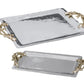 The Beatriz Ball Ocean Coral Emerson Tray Collection features two rectangular silver trays, each crafted from durable aluminum alloy with textured surfaces and decorative gold coral-shaped handles.
