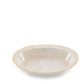 A shallow white ceramic bowl from the Ginori 1735 Oriente Italiano Meringa Dinnerware & Serveware Collection features a scalloped edge, a subtle decorative pattern inspired by Faenza ceramics, and a delicate gold rim, displayed against a plain white background.