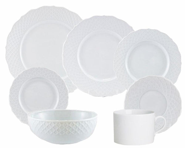 The Anna Weatherley Empire White Collection by Anna Weatherley features a white dinnerware set with various pieces, including a fine white porcelain dinner plate, a bowl, and a mug, all adorned with subtle patterned textures.