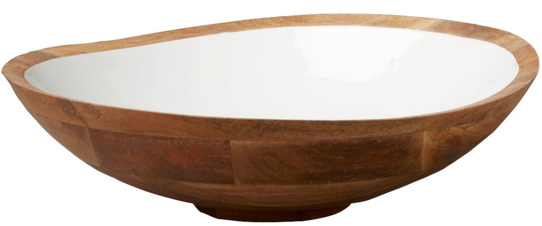 The Madras Bowl Collection by Be Home features a handcrafted mango wood bowl with a smooth white interior and natural grain exterior, shown from the side against a white background.