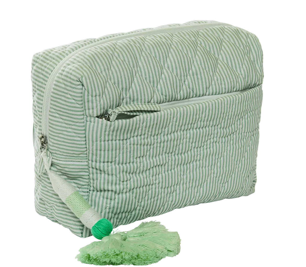 John Robshaw Nandi Quilted Cosmetic Bag in a rectangular shape with thin green and white stripes, a front zipper pocket, and a decorative tassel zipper pull.