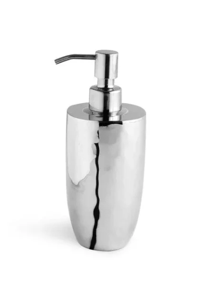 The upright liquid soap dispenser, crafted from polished stainless steel with a convenient pump, sits against a simple white backdrop—an elegant bathroom counter accessory from the Reflective Bath Collection by Michael Aram.