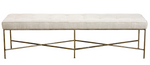 The Jonathan Bench Large by Oly features an antique silver rectangular iron frame with X-shaped supports and a light beige tufted upholstered cushion.