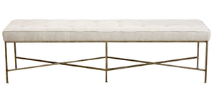 The Jonathan Bench Large by Oly features an antique silver rectangular iron frame with X-shaped supports and a light beige tufted upholstered cushion.