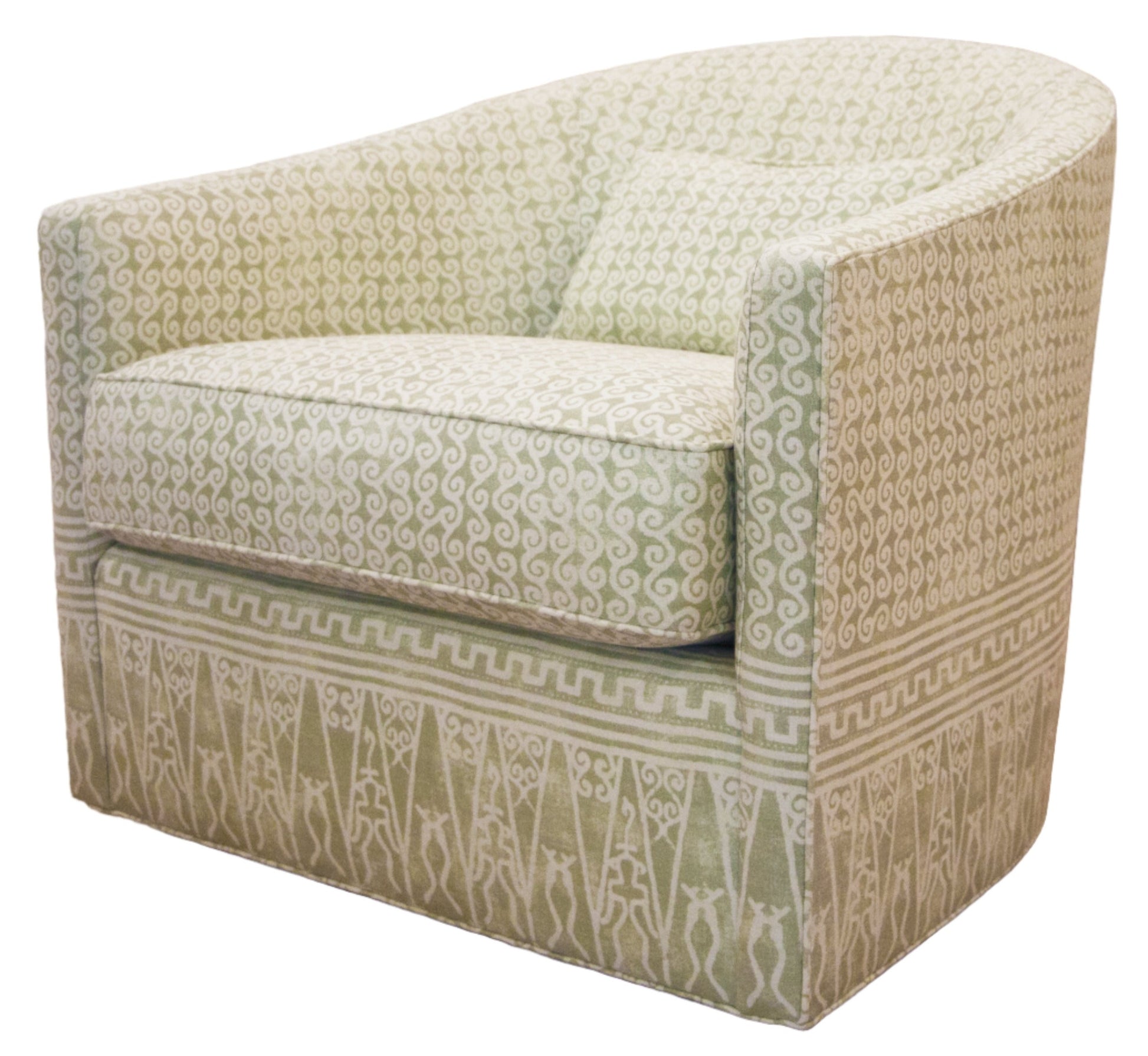 The Dima Swivel Chair by Baker features a green and white patterned upholstery, a curved back, matching cushion, and a comfortable seat.