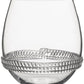 The Dean Drinkware Collection by Juliska features a clear, stemless wine glass with a decorative textured band on the lower half, crafted from mouth-blown glass.