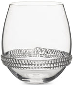 The Dean Drinkware Collection by Juliska features a clear, stemless wine glass with a decorative textured band on the lower half, crafted from mouth-blown glass.