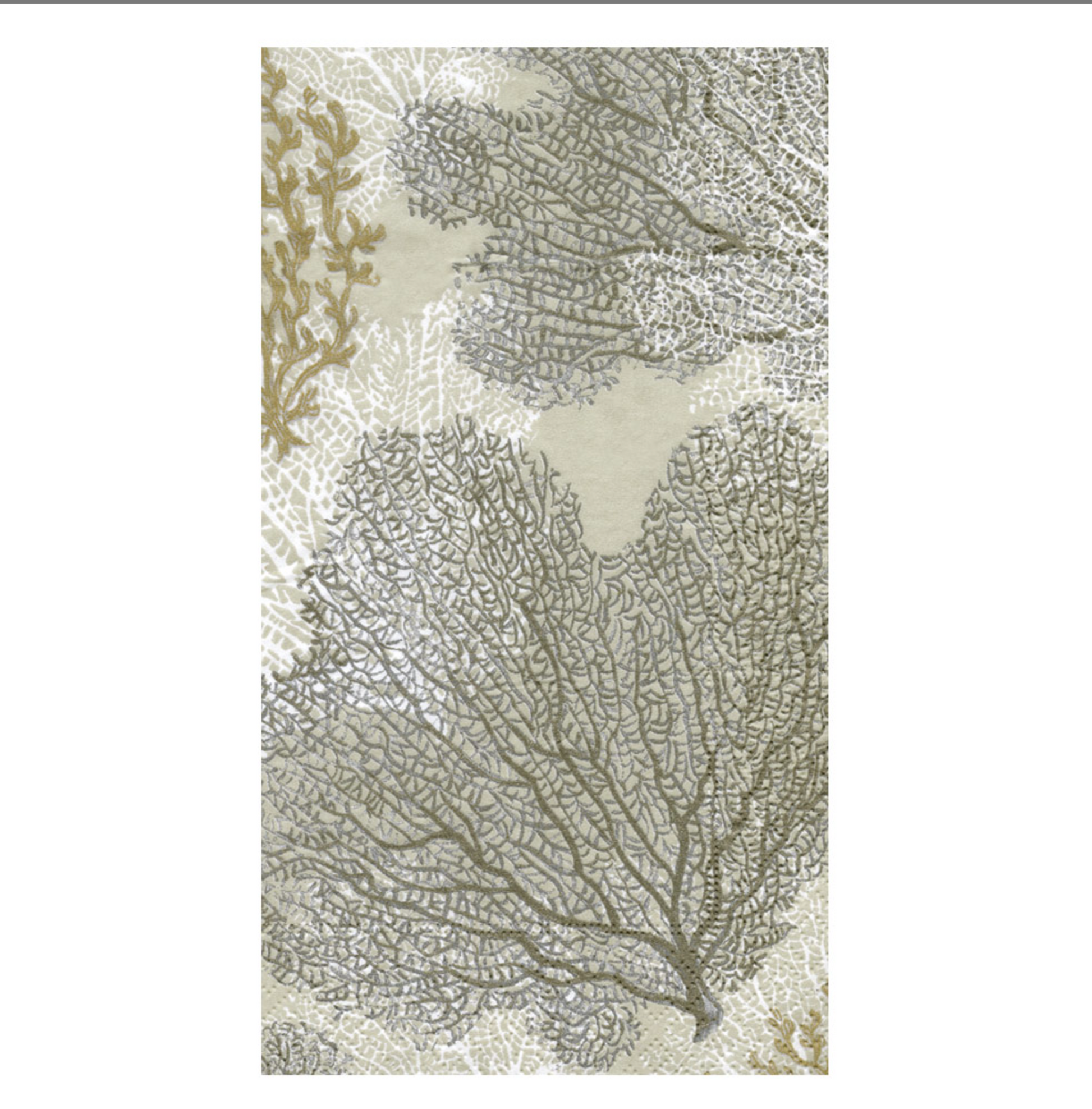 The Sea Fans Collection by Caspari features overlapping sea fan coral illustrations in gray and gold on a light background, ideal for eco-friendly triple-ply napkins.