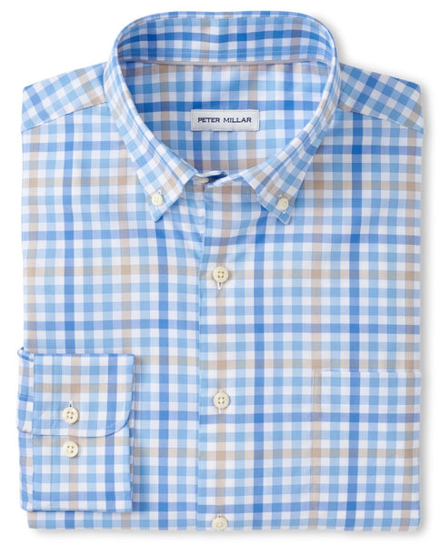 A folded Peter Millar Freeport Crown Lite Cotton-Stretch Sport Shirt in blue and white checked classic fit.