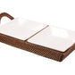 The Calaisio Condiment Tray Collection features a rectangular woven tray with a handle, holding two square porcelain dishes—ideal as a stylish condiment tray for your table.