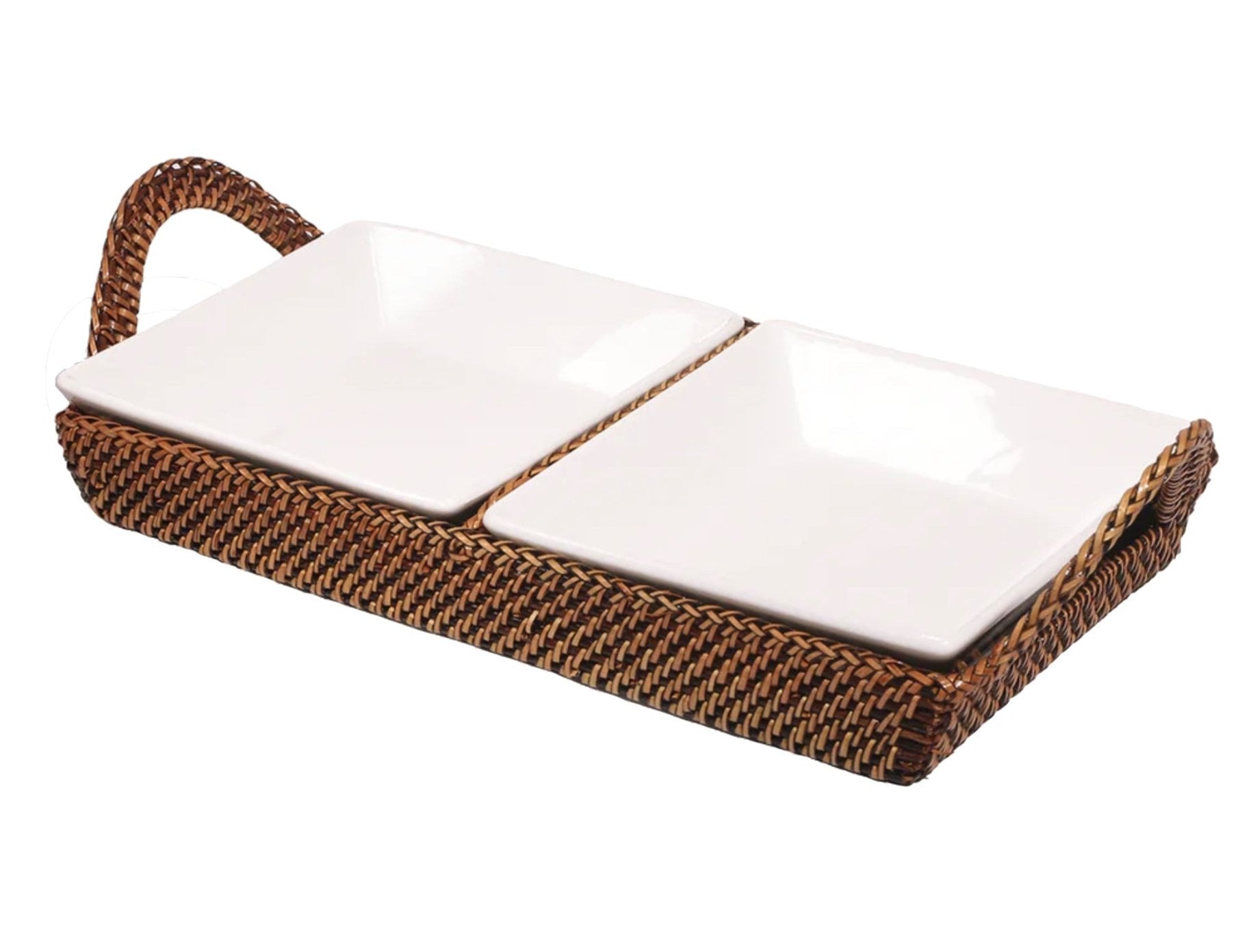 The Calaisio Condiment Tray Collection features a rectangular woven tray with a handle, holding two square porcelain dishes—ideal as a stylish condiment tray for your table.