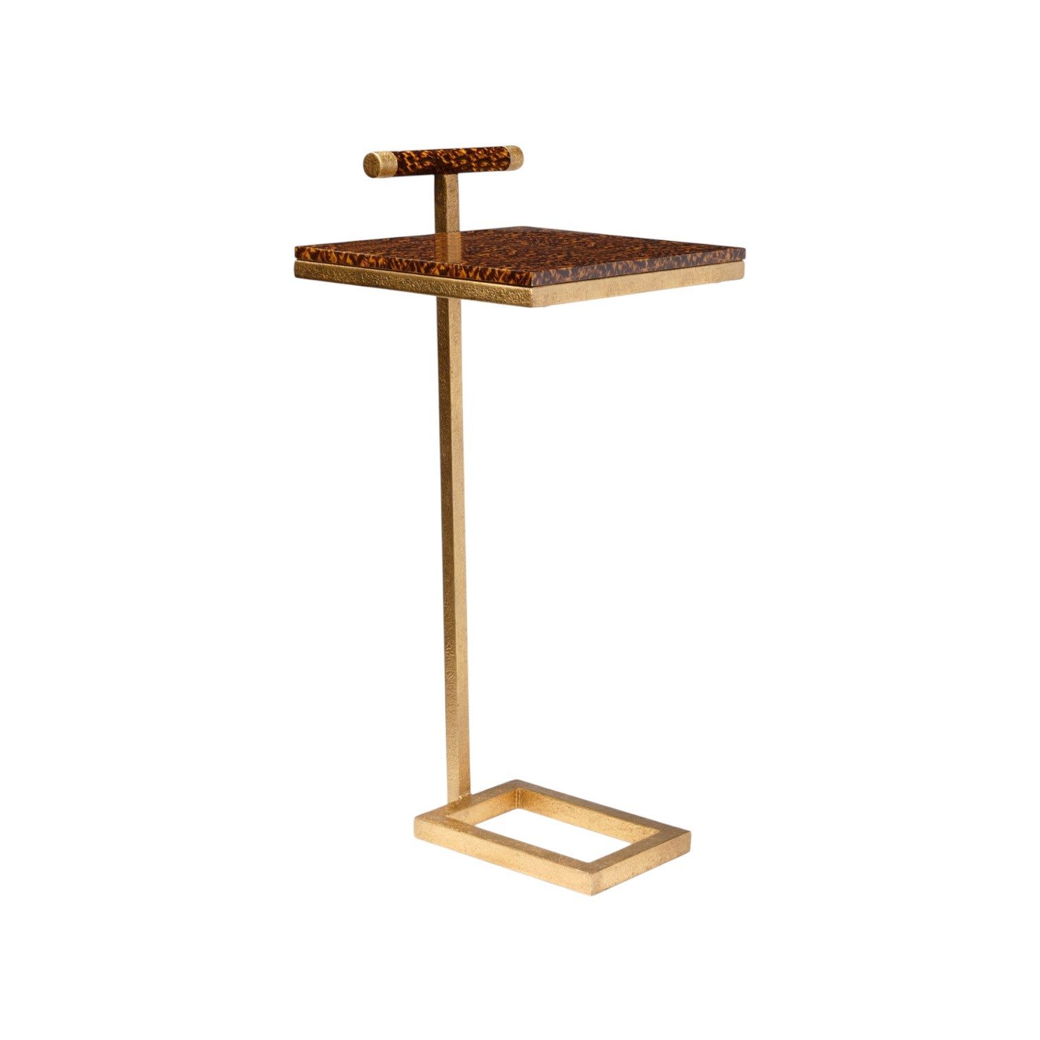 The Edgar Laptop Table by Made Goods features a rectangular wooden top, gold texturized steel frame, vertical support, rectangular base, and a horizontal handle on one side.