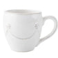 A white ceramic mug from the Juliska Berry & Thread Classic Whitewash Dinnerware Collection, featuring a curved handle and a subtle embossed garland design.