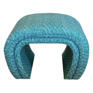 The O'Neal Small Bench by Highland House features a sophisticated square silhouette with rounded edges, upholstered in blue and green leaf-patterned fabric and finished with contrasting cord trim.
