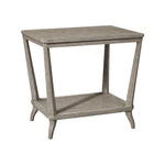 The Rye Rectangular Side Table by Hickory Chair features angled legs, an open lower shelf, and a weathered stone finish for a contemporary look.