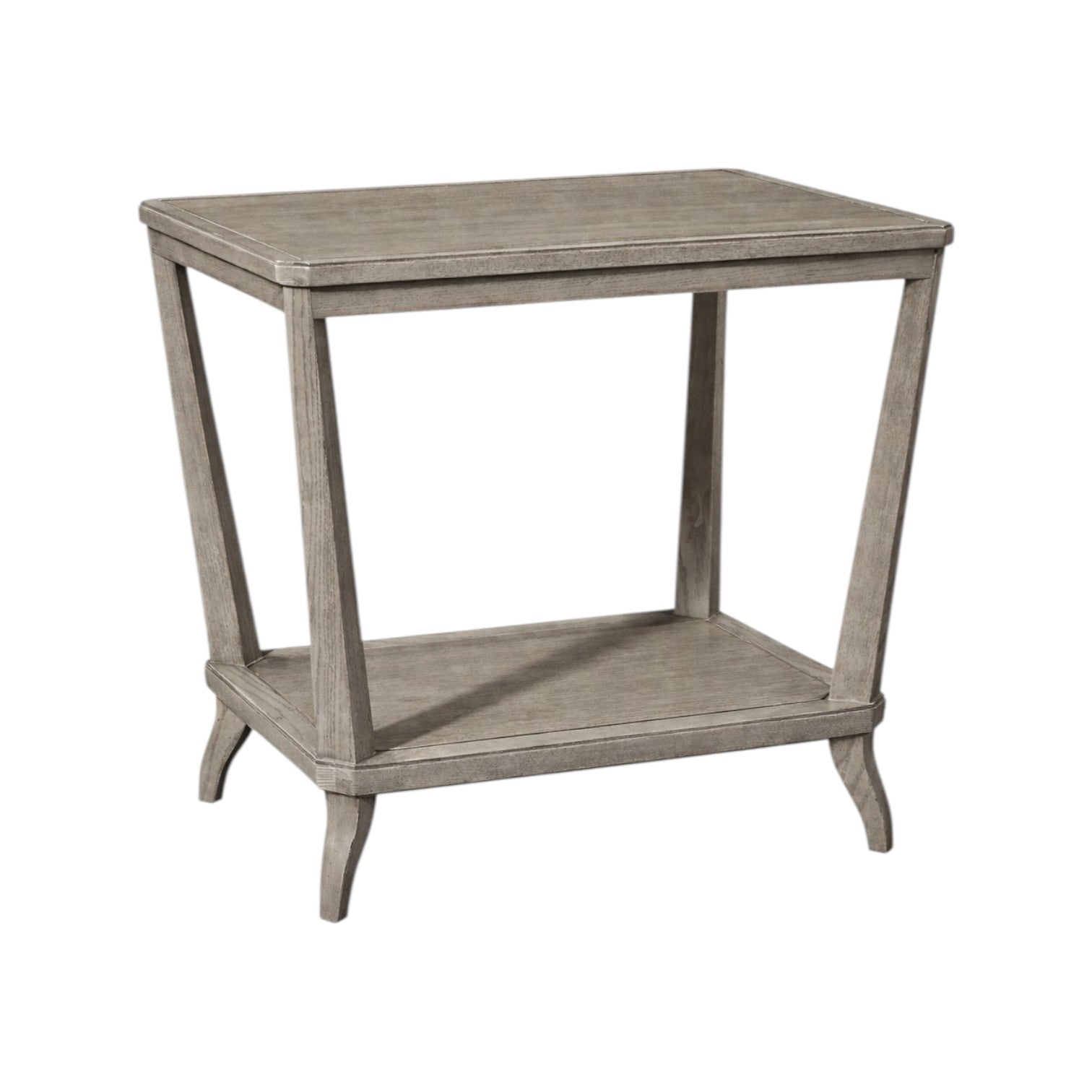 The Rye Rectangular Side Table by Hickory Chair features angled legs, an open lower shelf, and a weathered stone finish for a contemporary look.