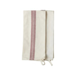 The etúHOME Kitchen Tea Towel Set includes two folded cream cotton towels with red stripes, from the French Bistro Collection, each featuring a hanging loop, shown on a white background.