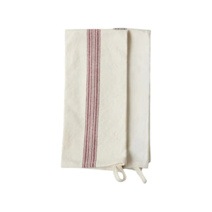 The etúHOME Kitchen Tea Towel Set includes two folded cream cotton towels with red stripes, from the French Bistro Collection, each featuring a hanging loop, shown on a white background.