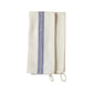 Two folded white striped kitchen towels from etúHOME's Kitchen Tea Towel Set, featuring blue vertical stripes and hanging loops, are displayed on a plain white background.