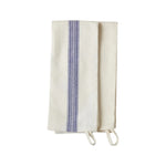 Two folded white striped kitchen towels from etúHOME's Kitchen Tea Towel Set, featuring blue vertical stripes and hanging loops, are displayed on a plain white background.