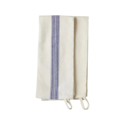 Two folded white striped kitchen towels from etúHOME's Kitchen Tea Towel Set, featuring blue vertical stripes and hanging loops, are displayed on a plain white background.