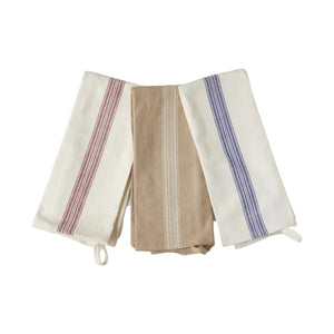 The etúHOME Kitchen Tea Towel Set includes three premium cotton towels from the French Bistro Collection, each with vertical red, beige, and blue stripes on white, displayed side by side.