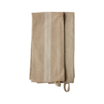 A folded beige striped tea towel from the etúHOME Kitchen Tea Towel Set, made of premium cotton with white stripes and a hanging loop, is displayed on a white background.