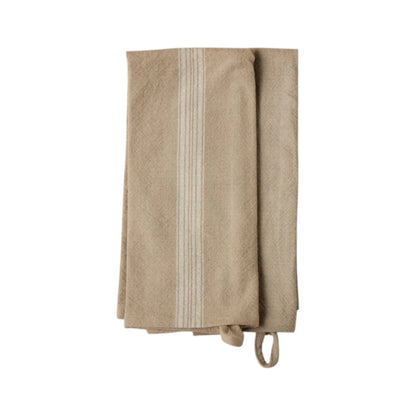 A folded beige striped tea towel from the etúHOME Kitchen Tea Towel Set, made of premium cotton with white stripes and a hanging loop, is displayed on a white background.