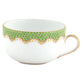 This white ceramic cup, part of the elegant Herend Fish Scale Evergreen Collection by Herend, features a hand-painted green and gold scalloped design along the rim and a gold-trimmed handle. This exquisite piece makes an ideal wedding or anniversary gift.