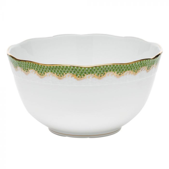 A white ceramic bowl from the Herend Fish Scale Evergreen Collection, featuring a green and gold scallop pattern near the rim, reminiscent of Herend's upscale dinnerware, makes an elegant wedding or anniversary gift.