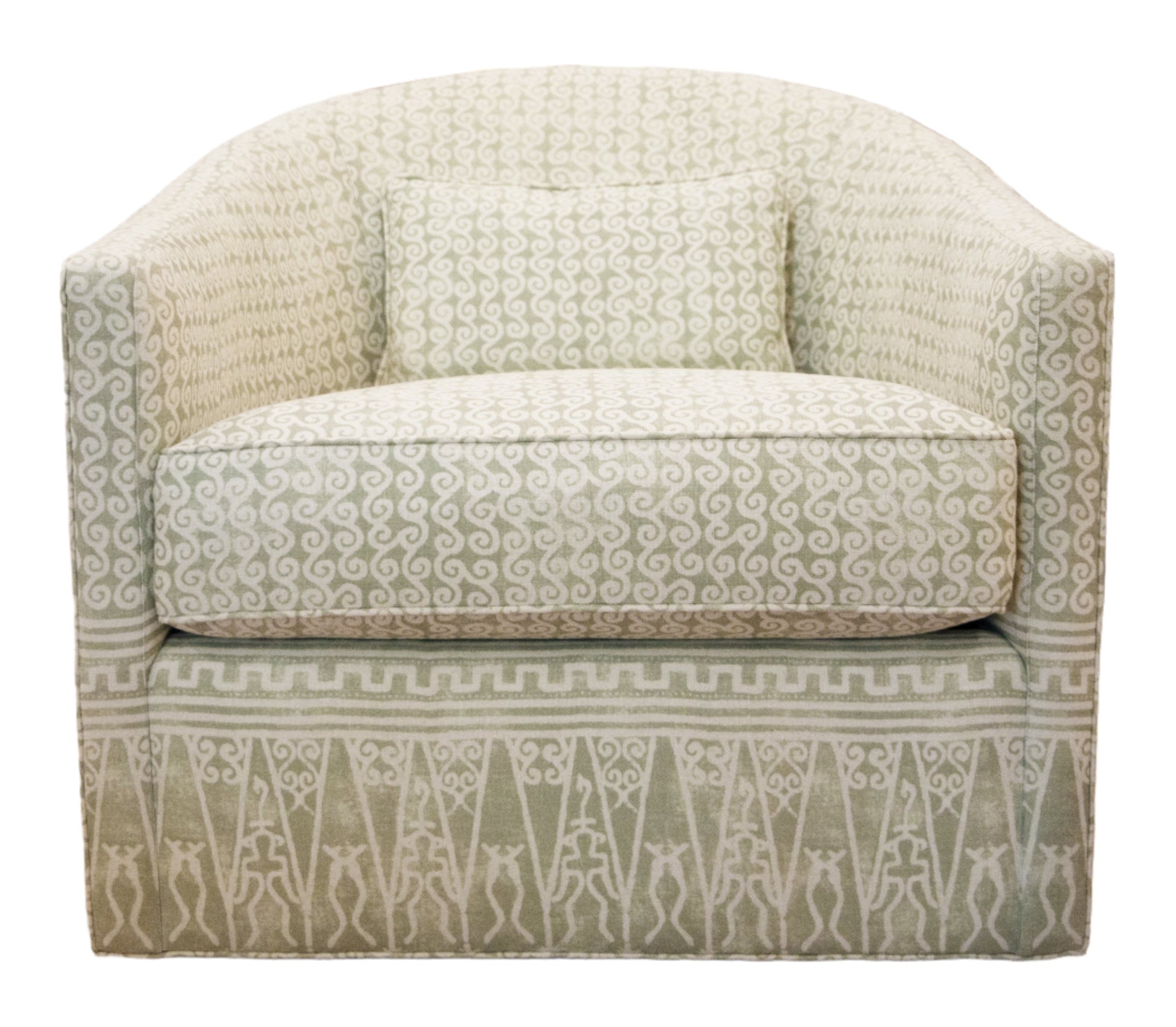 The Baker Dima Swivel Chair features light green and white patterned upholstery with geometric and swirling designs, offers comfortable seating, and includes a matching rectangular pillow.