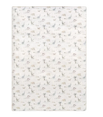 Introducing the Dino Dreams Bedding Collection from Gooselings: a rectangular white area rug featuring a repeating pattern of small, simple dinosaur illustrations, trees, and leaves in muted colors. Specially designed for baby comfort, this breathable rug is OEKO-TEX certified for your peace of mind.