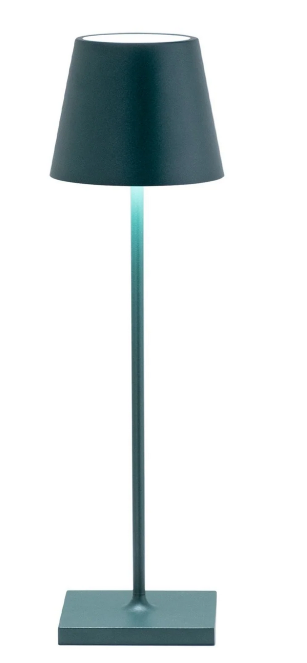 The Zafferano America Poldina Pro Lamp in dark green features a modern, minimalist design with a conical shade and square base, delivering cordless lighting for both indoor and outdoor spaces.