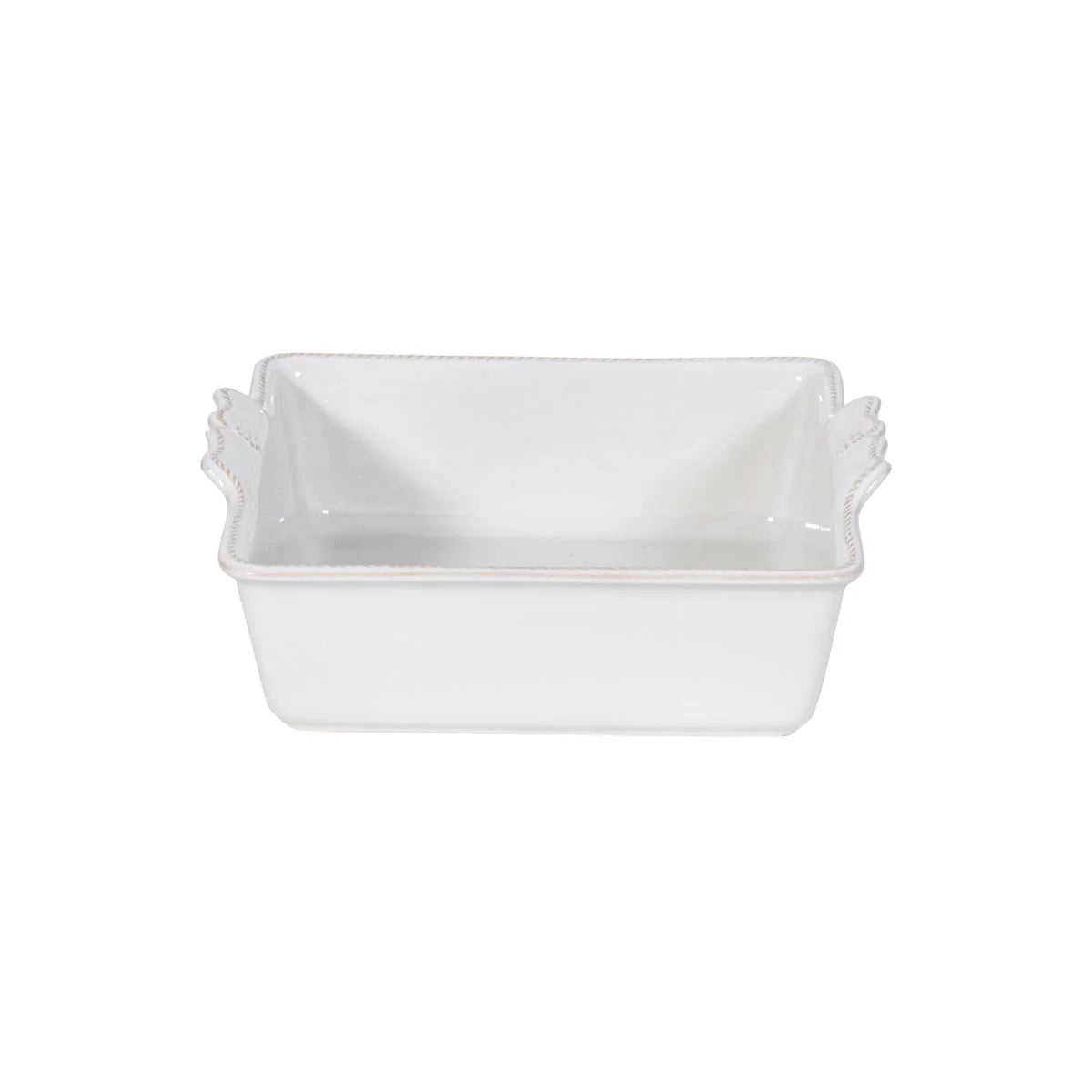 The Juliska Berry & Thread Whitewash 9" Square Baker, featuring handles on both sides and part of the elegant Berry & Thread Collection, is shown on a plain white background.
