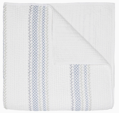 The Rimi Light Indigo Bedding by John Robshaw is a folded white, hand-quilted organic cotton quilt featuring vertical light blue and grey embroidery, with one corner turned over to reveal the underside.