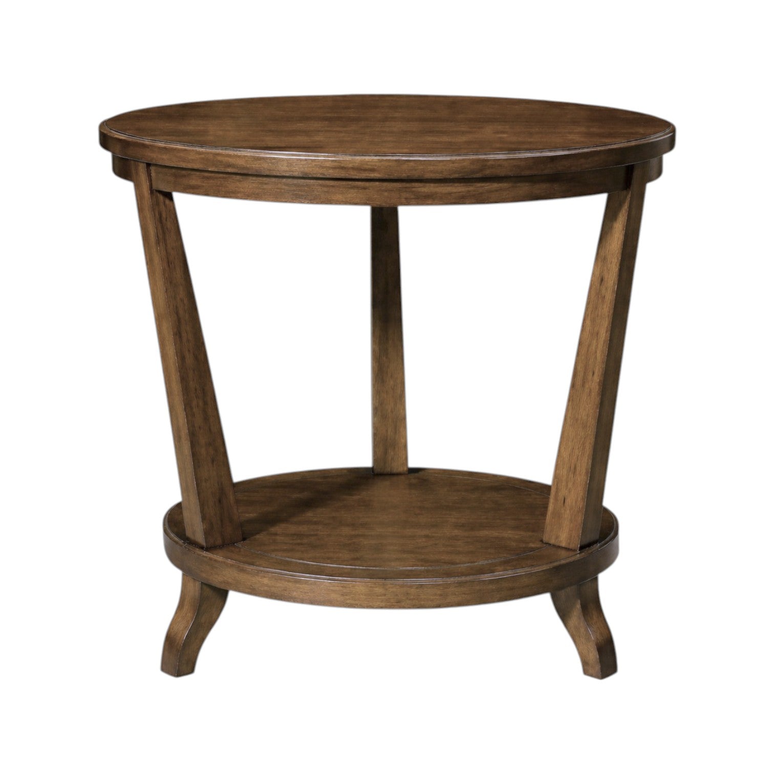 The Rye Round Table in Java by Hickory Chair features angled legs and a lower shelf, showcasing modern style with an architectural design that stands out against a plain white background.