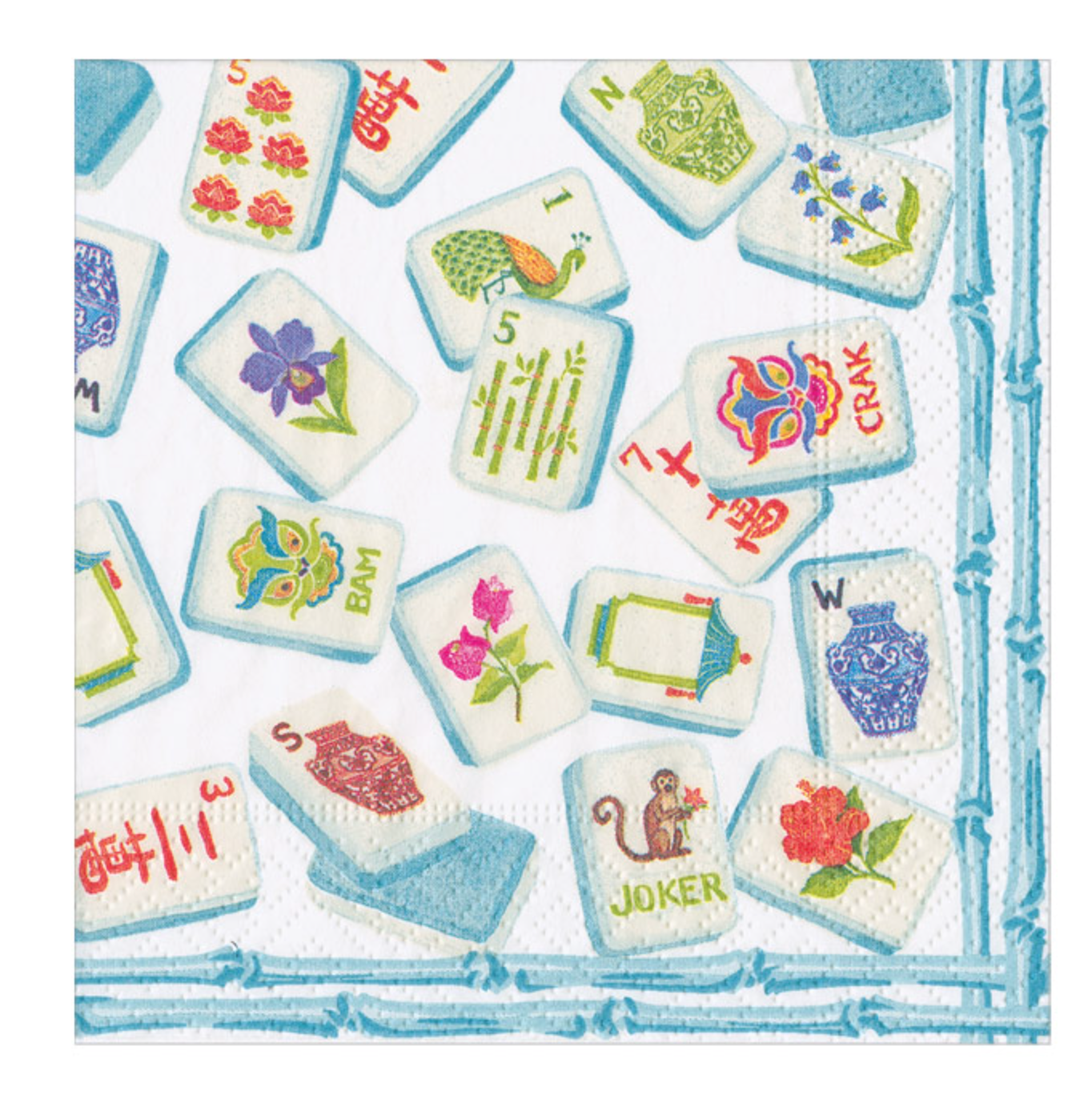 Mahjong tiles with flowers, animals, and symbols are scattered on a white surface with a blue border, accented by Caspari's Mahjong Robin's Egg Cocktail Napkin for a stylish and eco-friendly touch.