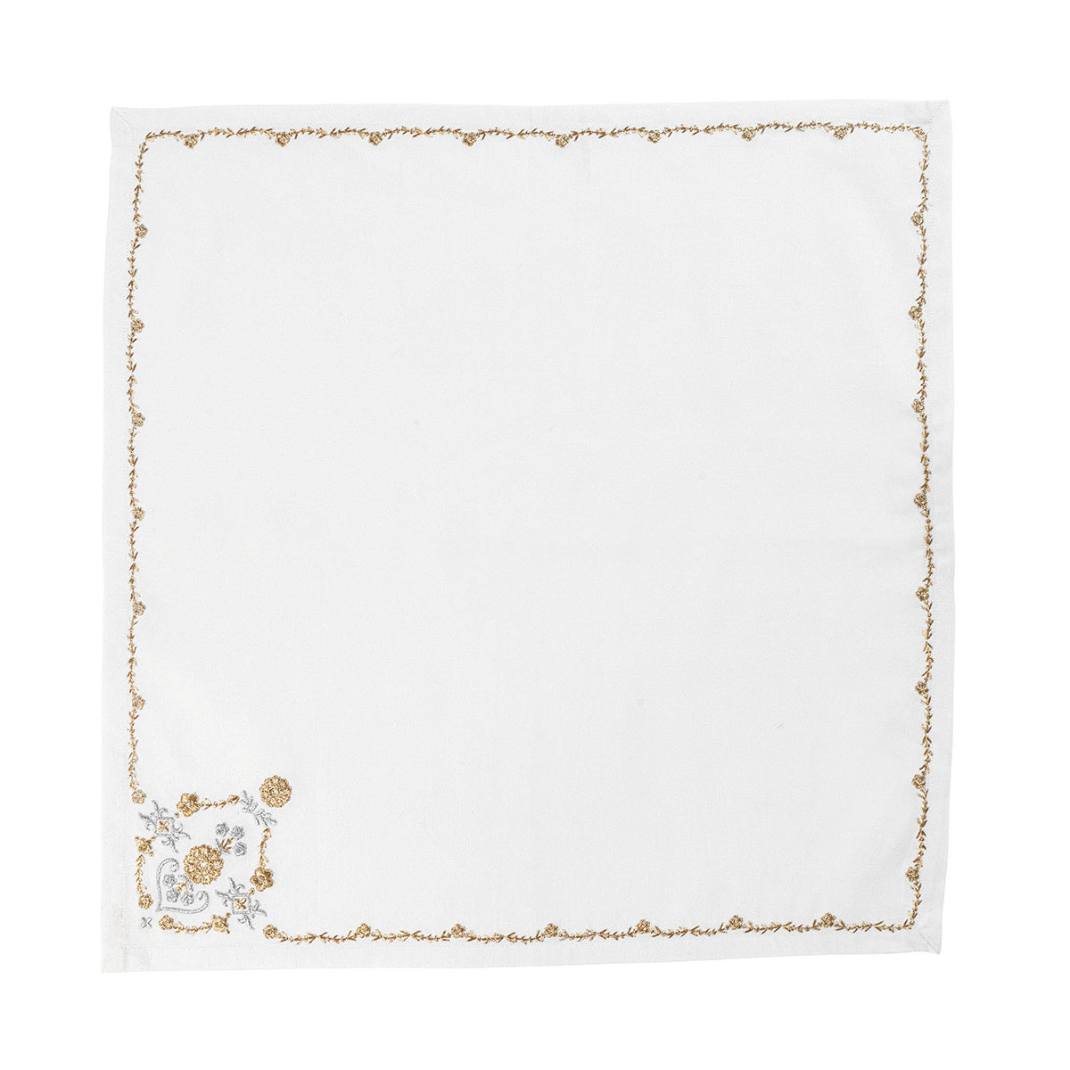 Introducing the Heidi Gold/Silver Embroidered Napkin Set by Juliska—a set of white linen blend napkins adorned with an elegant gold Alpine floral motif embroidered along the border and in one corner. These sophisticated embroidered table napkins add a refined touch to any setting, perfect for those seeking timeless elegance.