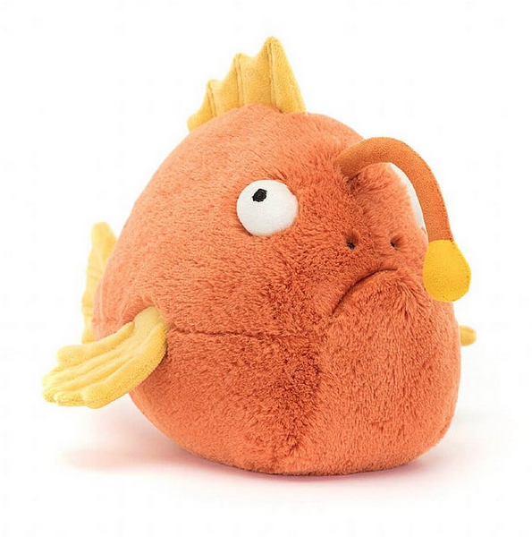 Jellycat Alexis Anglerfish, a stuffed orange fish with a yellow tail.