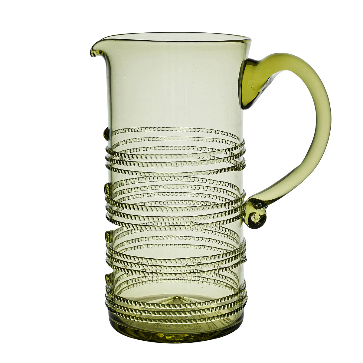 This elegant pitcher from the Ella Drinkware Collection by Juliska is expertly mouth-blown, featuring clear glass with a handle and spout and adorned with decorative spiral ribbing for timeless craftsmanship and style.