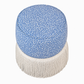 Experience the Amanda Stool by Hickory Chair—a round blue ottoman featuring a speckled pattern and white fringe trim around the base. Designed with double rounded tiers for extra style and comfort, this designer favorite is shown on a white background. Perfect for elevating any space, as seen at the Hive Trade Showroom.