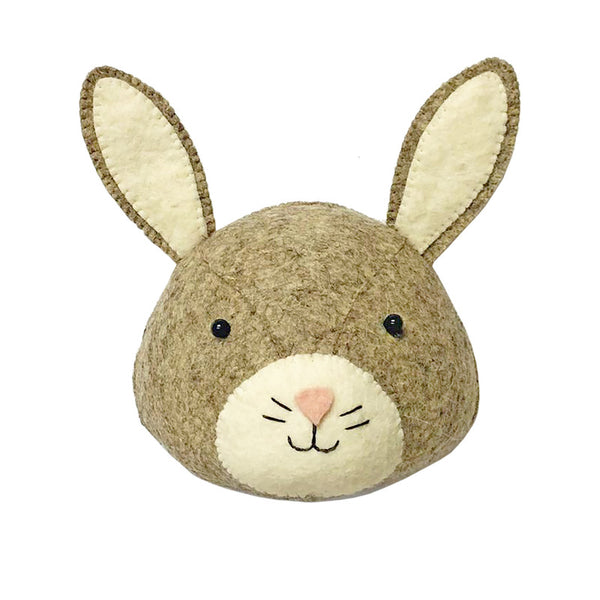 A Baby Bunny head made of wool felt, showcased against a white background.