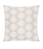Square John Robshaw Raahi throw pillow in light beige with a repeating white geometric hand block printed motif.