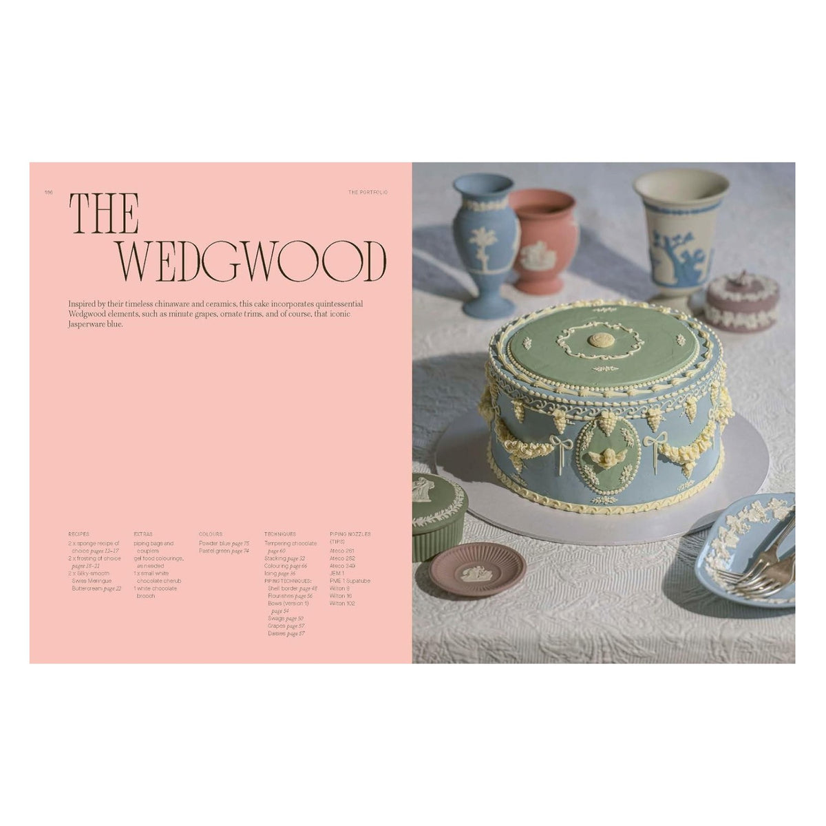 A round Fancy Cakes cake by Chronicle Books featuring Baroque buttercream in a Wedgwood style with pale blue frosting, white piping, and a sage green top, displayed next to three small decorative vases.