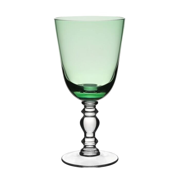 A hand-blown wine glass from the William Yeoward Crystal Apple Green Fanny Collection, featuring a wide bowl and ornate clear stem, photographed on a white background.