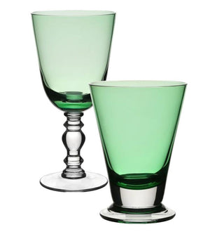 Two goblets from the William Yeoward Crystal Apple Green Fanny Collection—one with a clear stem, one with a solid green base—are displayed side by side on a white background.