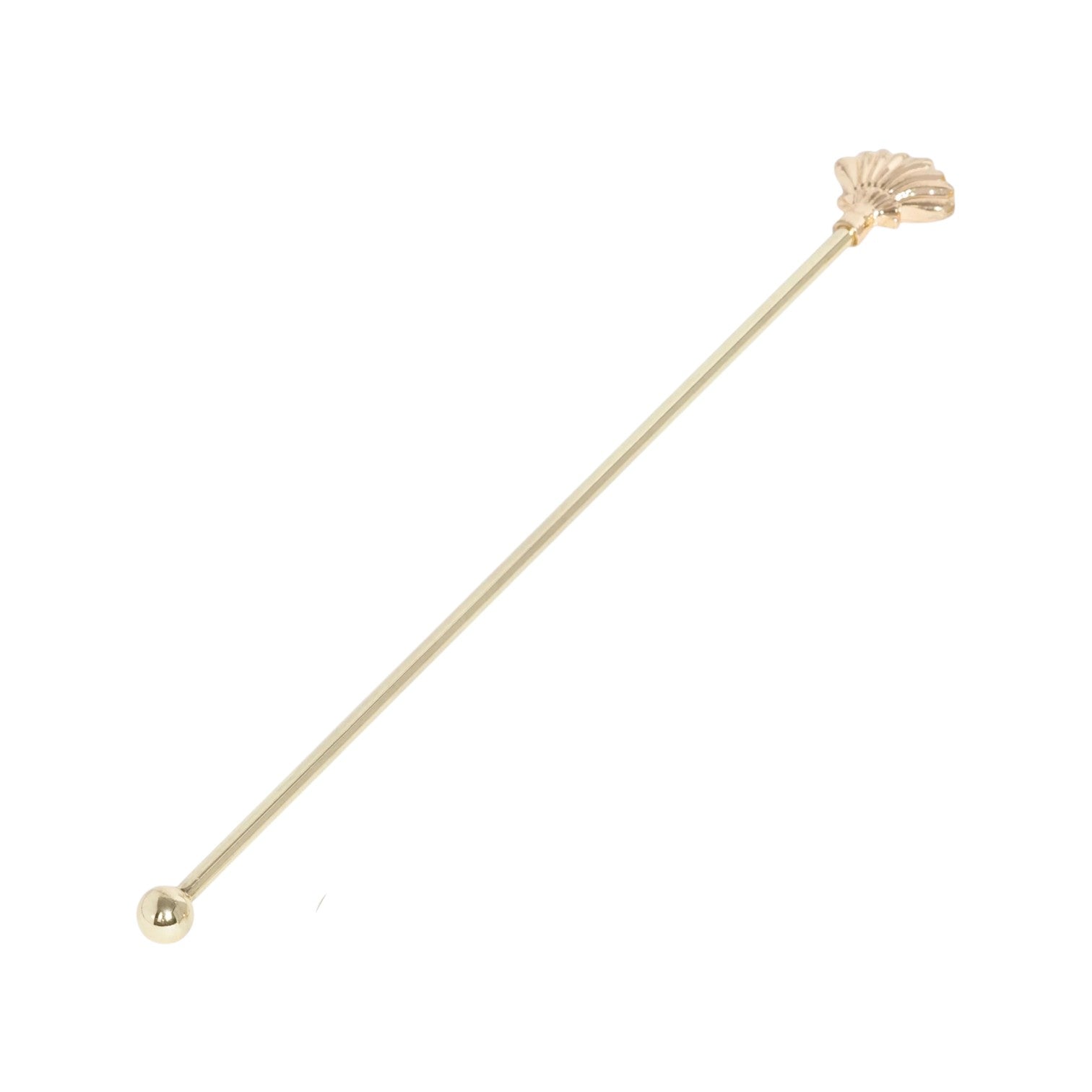 The Zodax Drink Stirrer is a gold-colored metal stick pin with a round end and fan-shaped top, ideal as a coastal bar accessory or unique nautical drink stirrer.