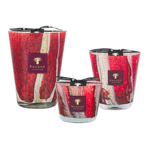 The Baobab Collection Woods Risoud Candle by Baobab features festive red and white stripes, with a scent inspired by the peaceful Swiss forest.