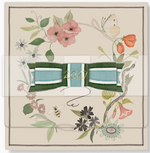 A 6-inch square 2027 Classic Desk Calendar Refill by Karen Adams features a green and white striped ribbon with “2027” in gold, surrounded by watercolor illustrations of flowers, a butterfly, a bee, and a snake.